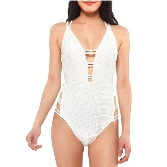 New w/Tags! Jessica Simpson L Off White Ribbed Plunge Strappy One Piece Swimsuit - Picture 1 of 9